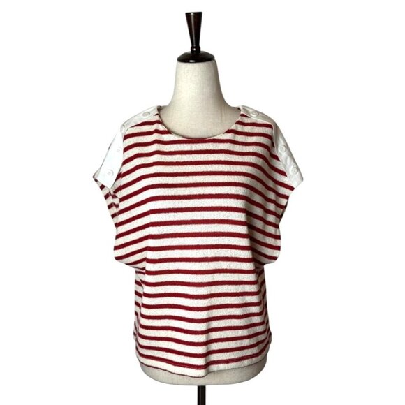 Zara‎ Shirt Women Medium Red White Striped Knit Button Shoulder Top Coastal - Picture 1 of 8